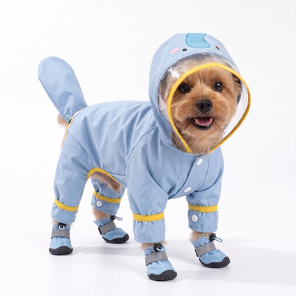 Yorkshire Terrier wearing the blue elephant dog raincoat with clear visor hood and boots