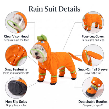 Dog raincoat details: clear visor hood, detachable booties, non slip soles, snap on tail sleeve, snap fastening, four leg cover