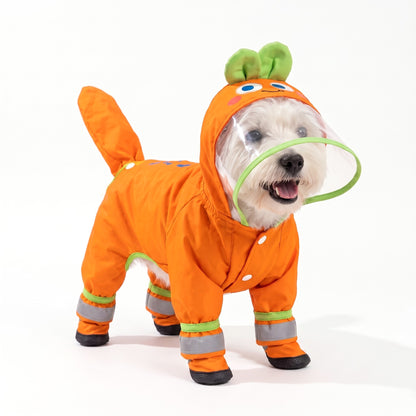 West Highland Terrier wearing the orange carrot dog raincoat with hood, boots and tail sleeve