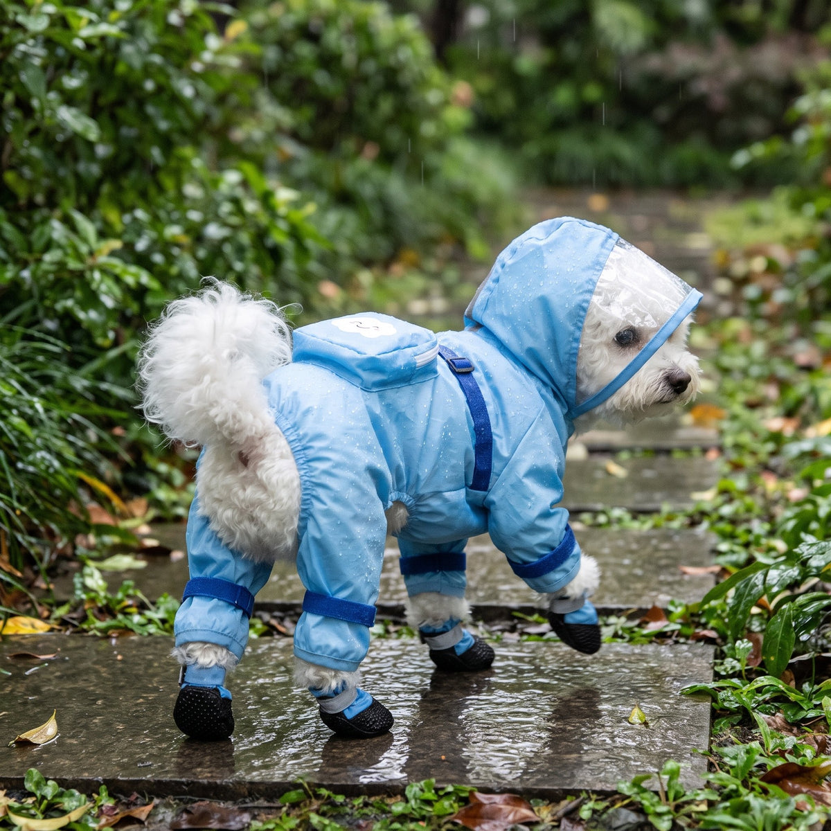 Dog Raincoat with Built In Boots in use outdoors
