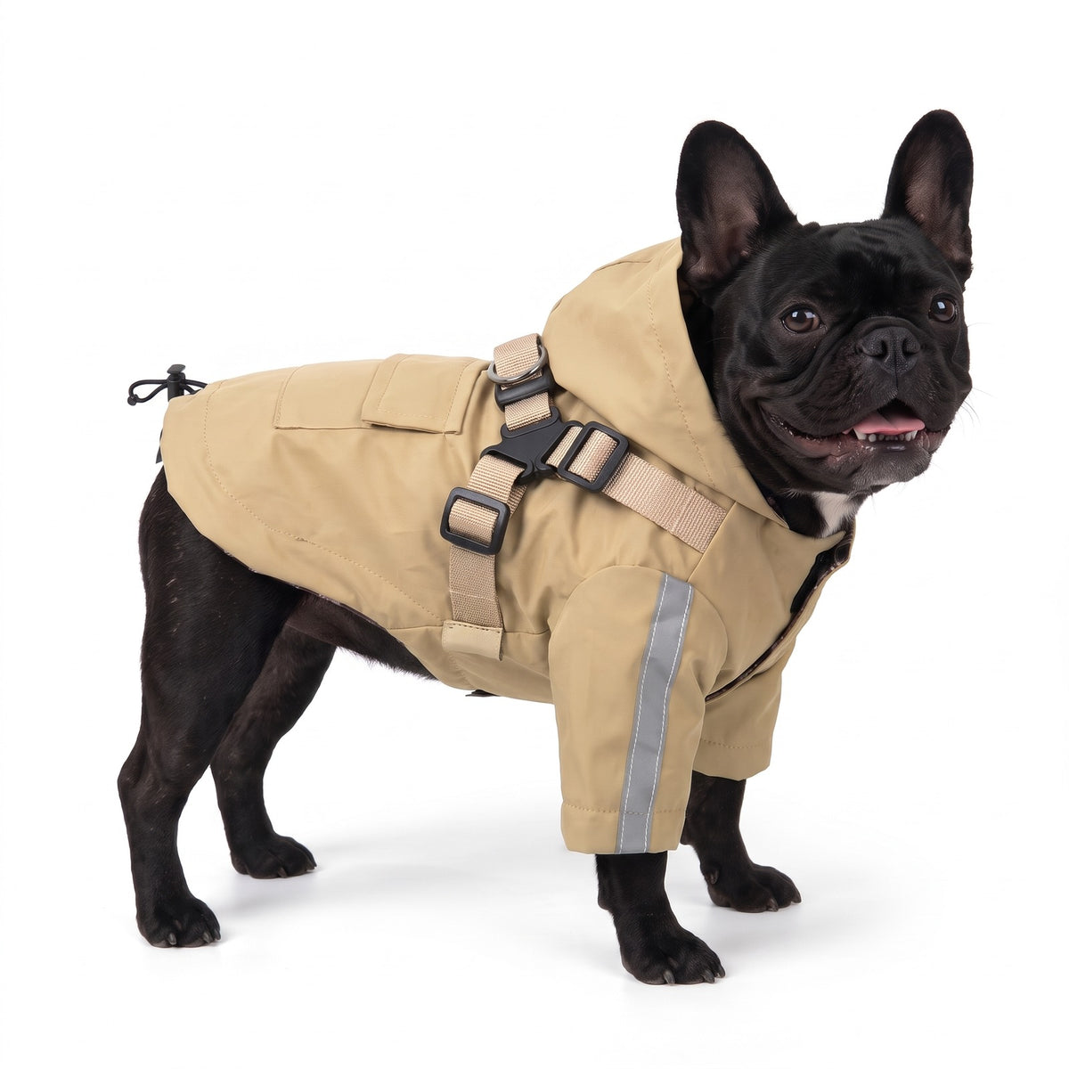 Beige dog raincoat with harness on a French Bulldog