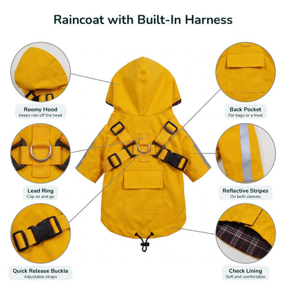 Dog raincoat with harness details: hood, lead ring, quick release buckle, back pocket, reflective stripes, check lining