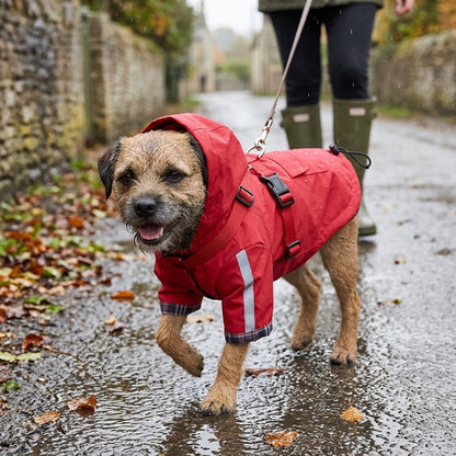 Border Terrier in a red hooded dog raincoat on a rainy village walk