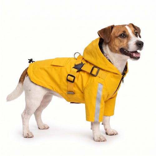 Yellow dog raincoat with harness on a Jack Russell Terrier