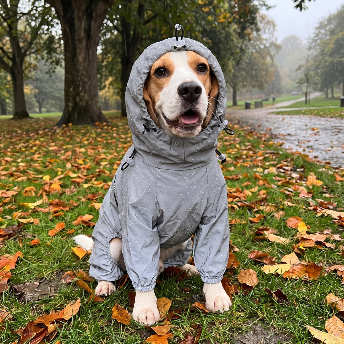 Beagle wearing the full-body dog raincoat with the hood up in autumn rain
