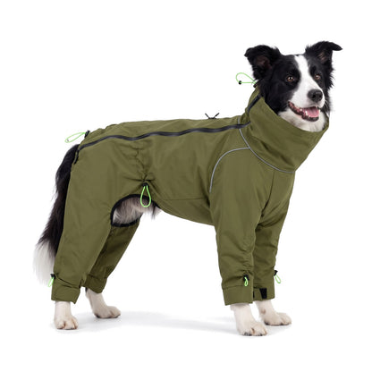 Border Collie wearing the olive dog raincoat with legs