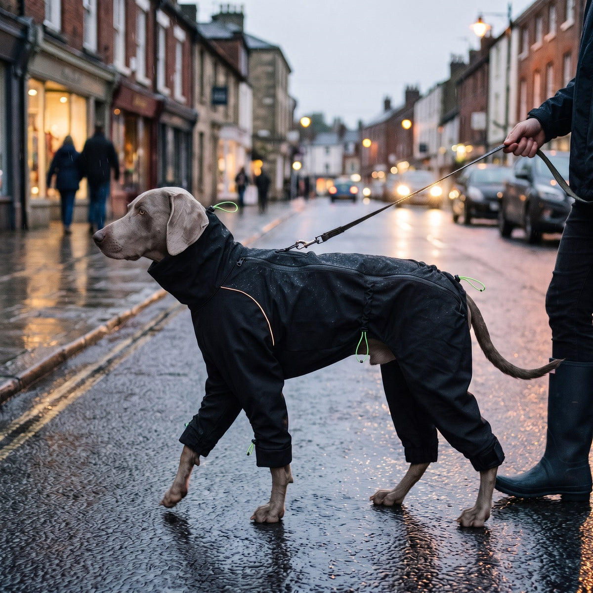 Weimaraner in the black dog rain suit on a rainy town walk