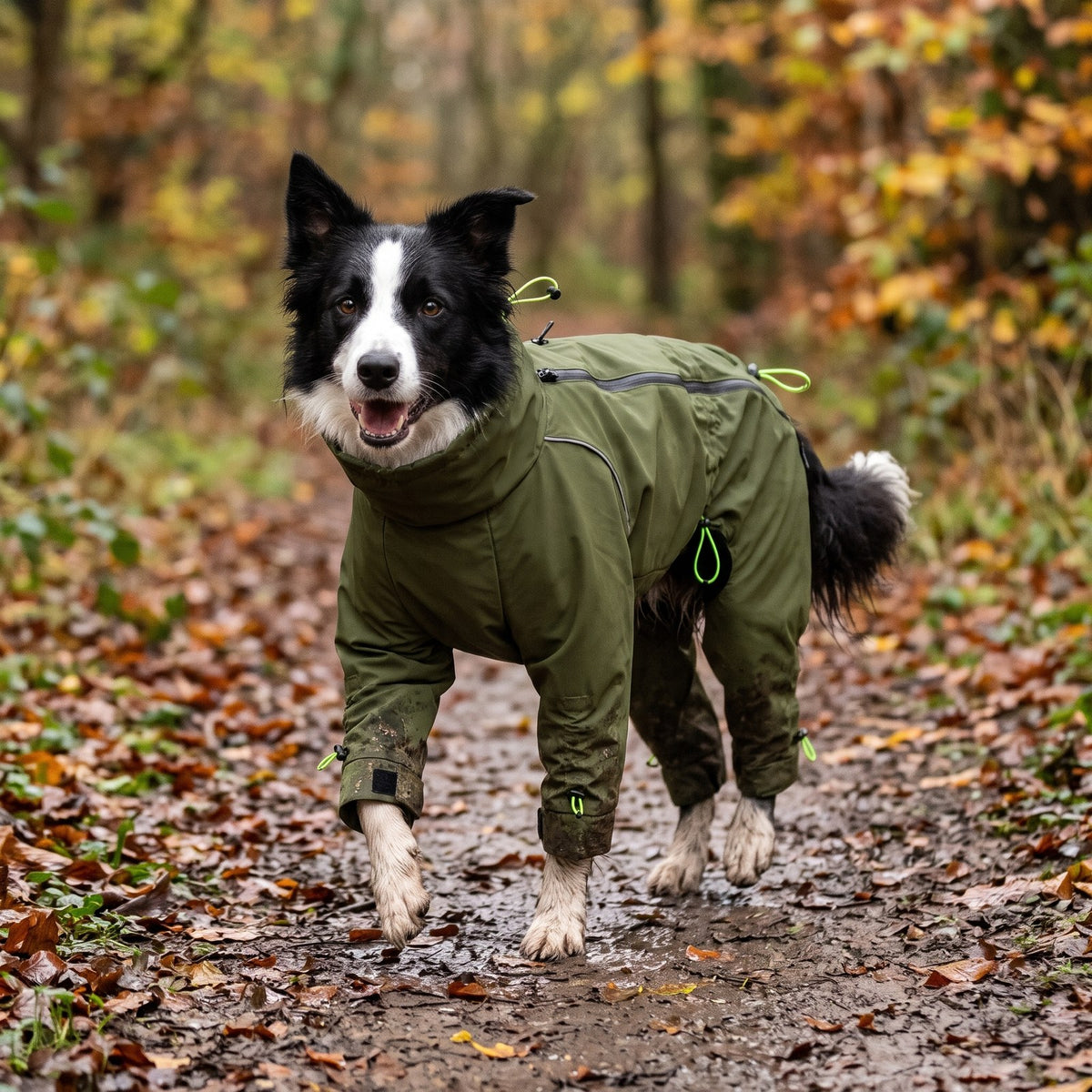 Border Collie in the olive full body dog raincoat on a muddy woodland path