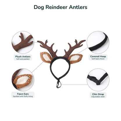 Dog reindeer antlers details: plush antlers, fawn ears, covered hoop and chin strap