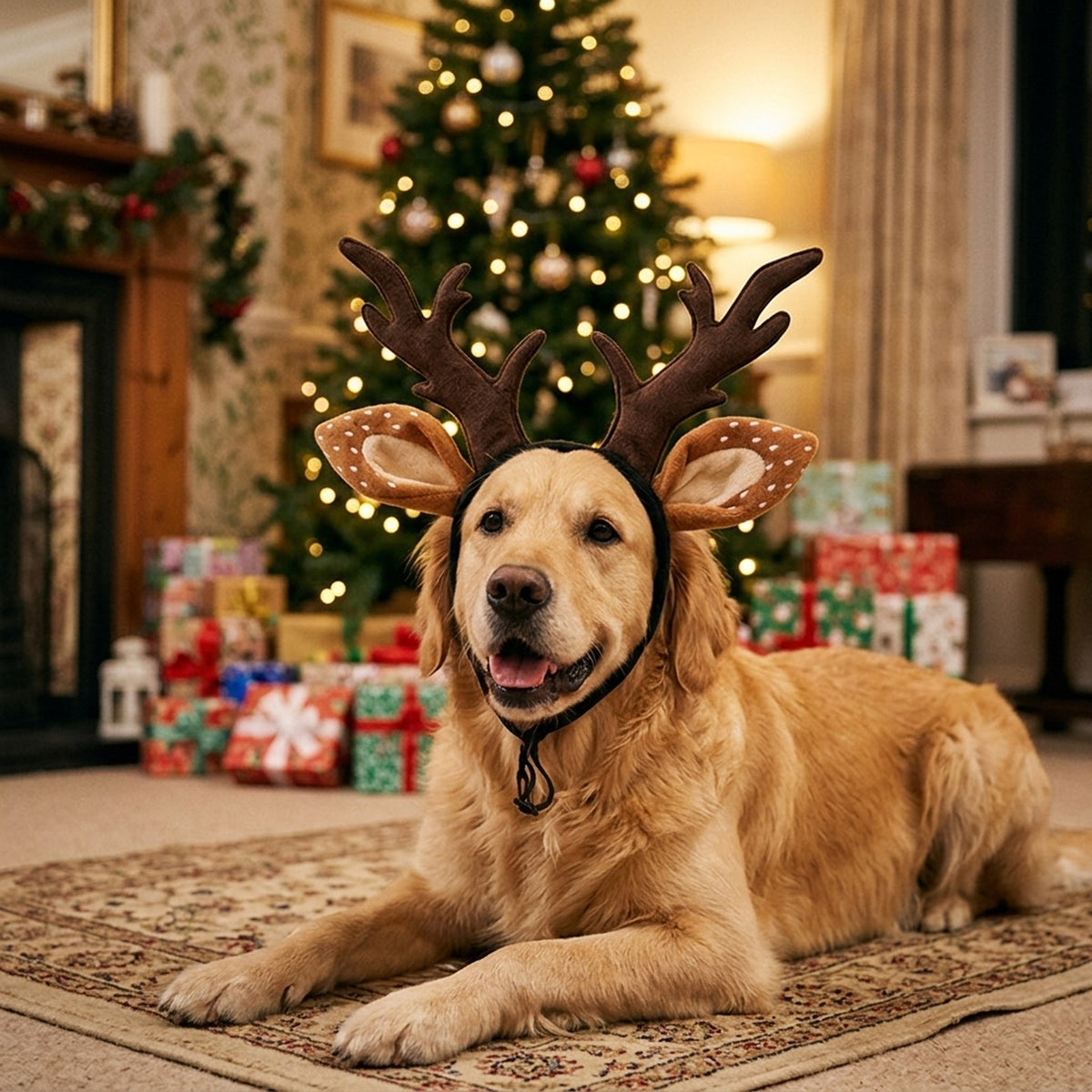 Golden Retriever wearing reindeer antlers by the Christmas tree