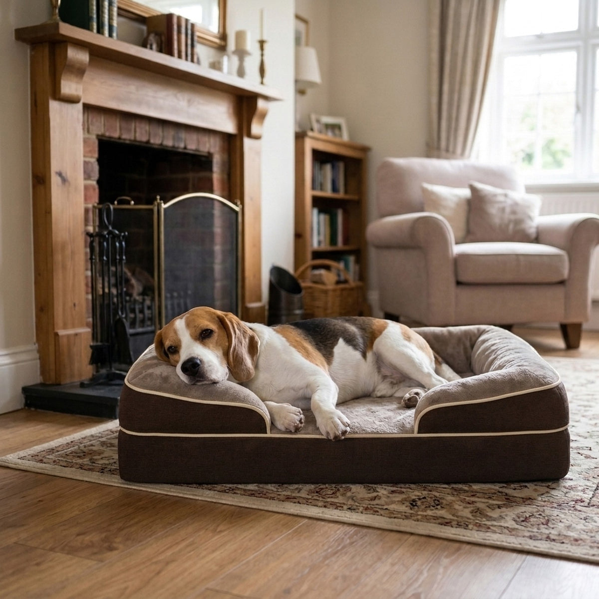Beagle resting on the chocolate dog sofa bed