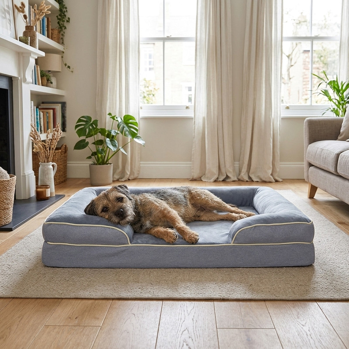 Border Terrier stretched out on the slate grey dog sofa bed