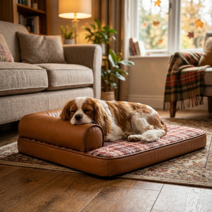 Cavalier King Charles Spaniel asleep on the plaid dog sofa bed