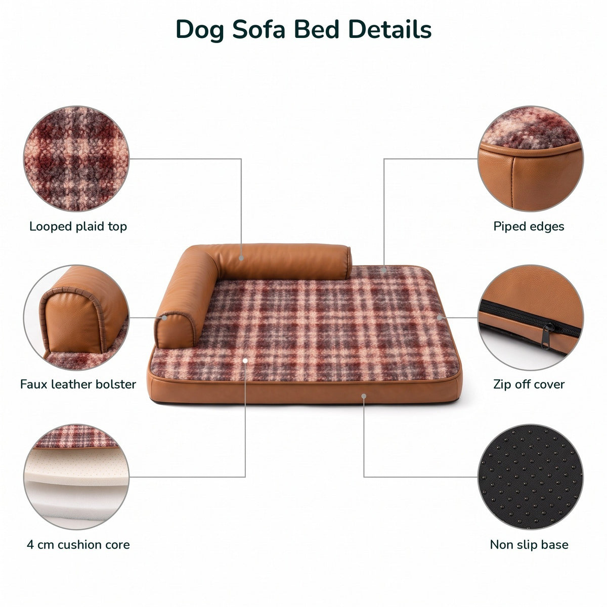 Dog sofa bed details: plaid top, faux leather bolster, cushion core, zip cover, non slip base