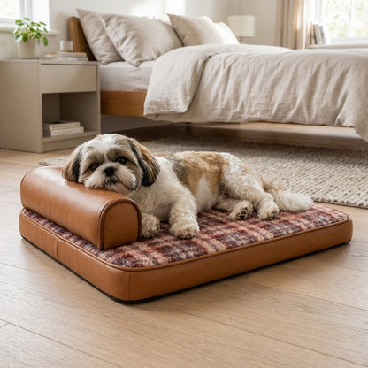 Shih Tzu resting its head on the faux leather bolster of the dog sofa bed
