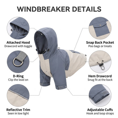 Dog windbreaker jacket details: hood, adjustable cuffs, reflective trim, snap pocket, D-ring and hem drawcord