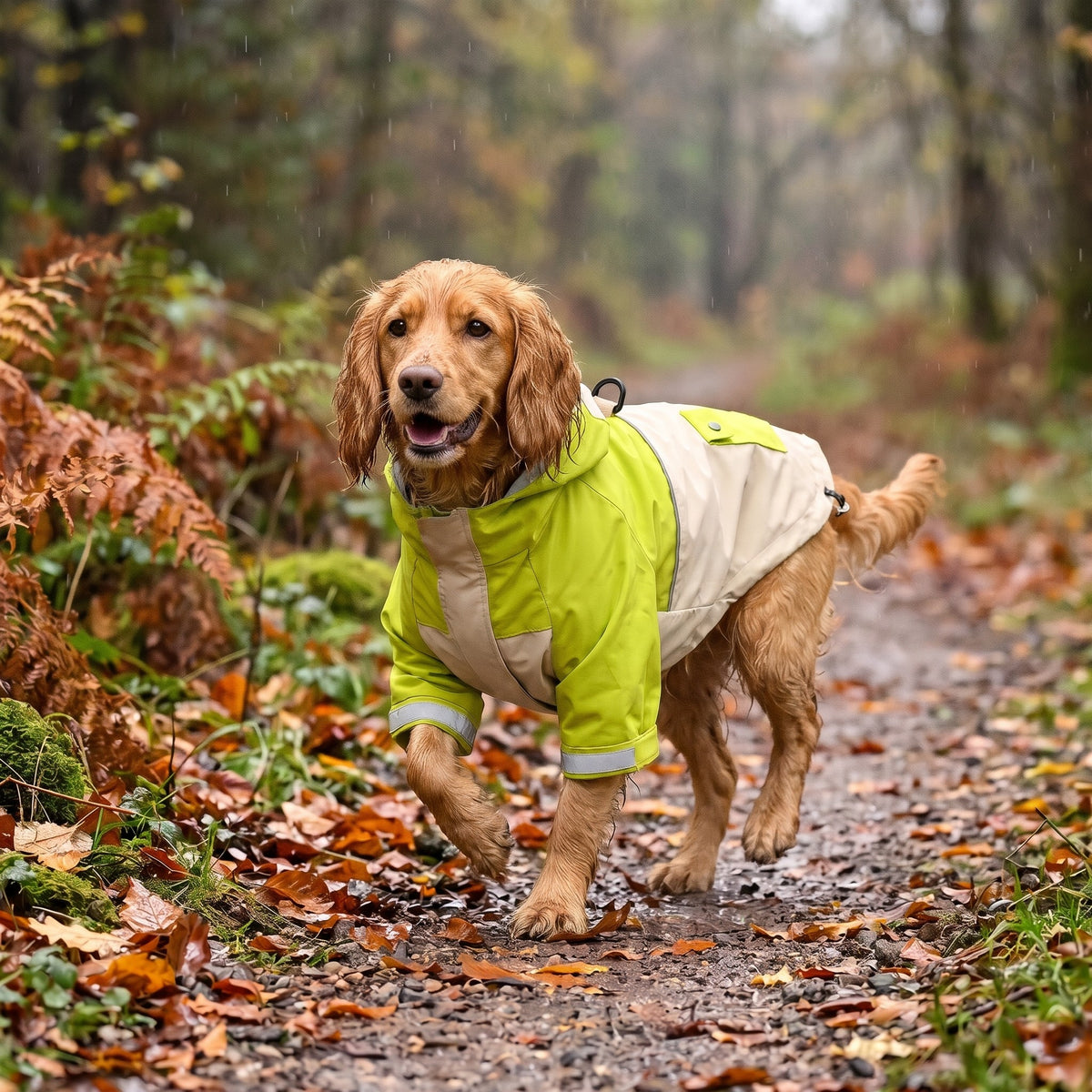 Cocker Spaniel in the lime green dog jacket on a wet woodland walk