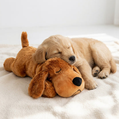 Golden Retriever puppy sleeping on the dark brown heartbeat puppy plush
