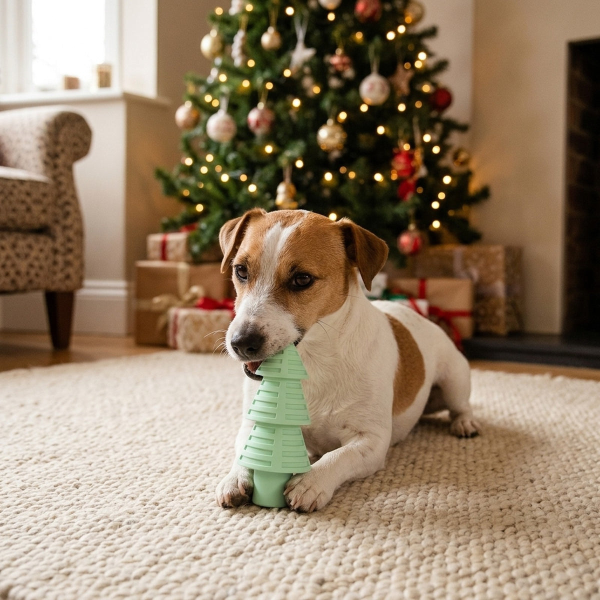 Jack Russell Terrier chewing the mint green Christmas tree toy on a rug by the Christmas tree