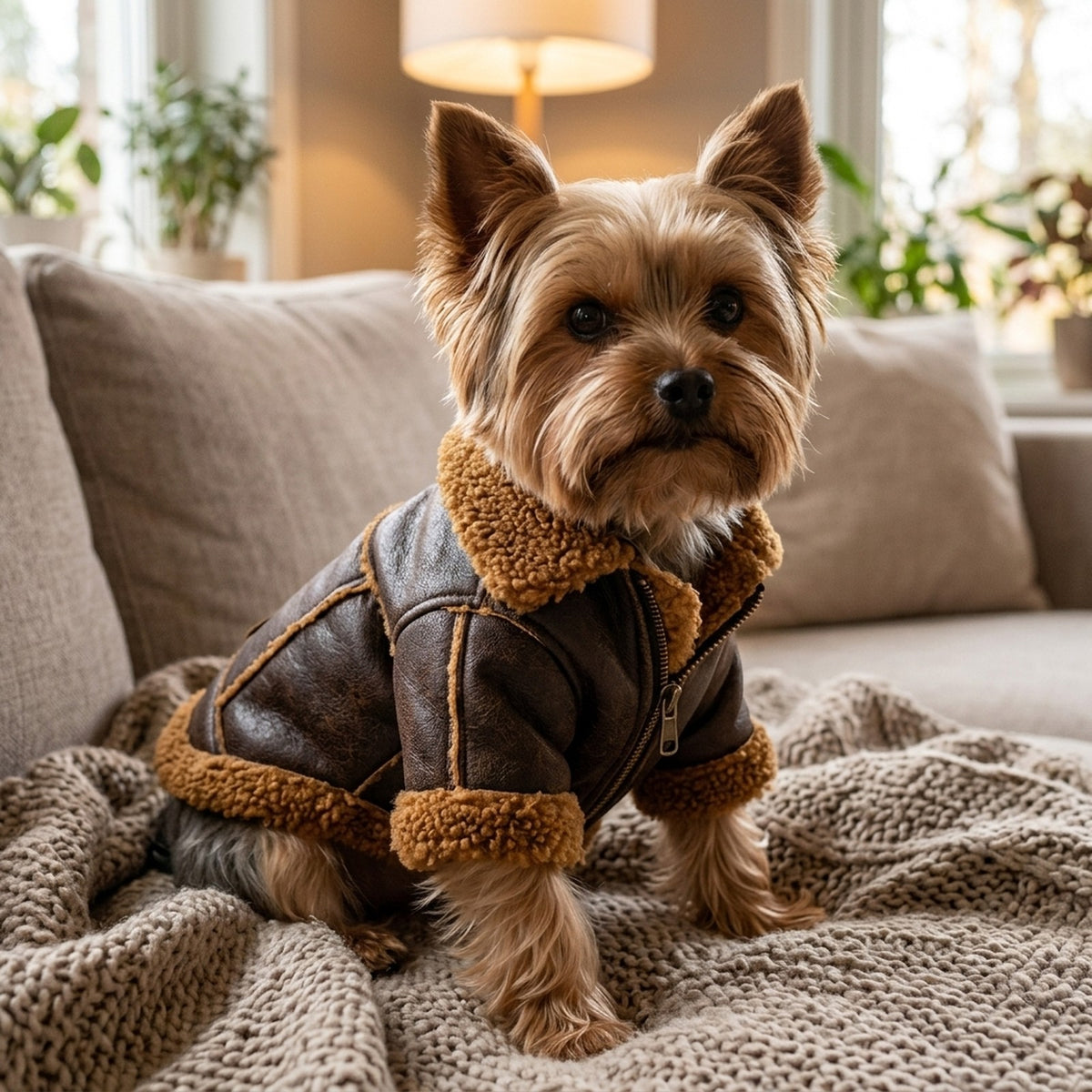 Yorkshire Terrier in a brown fleece lined faux leather jacket on a sofa