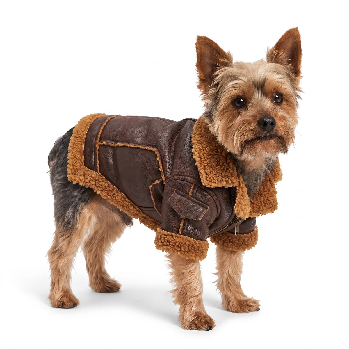 Brown faux leather dog jacket with sherpa collar on a Yorkshire Terrier