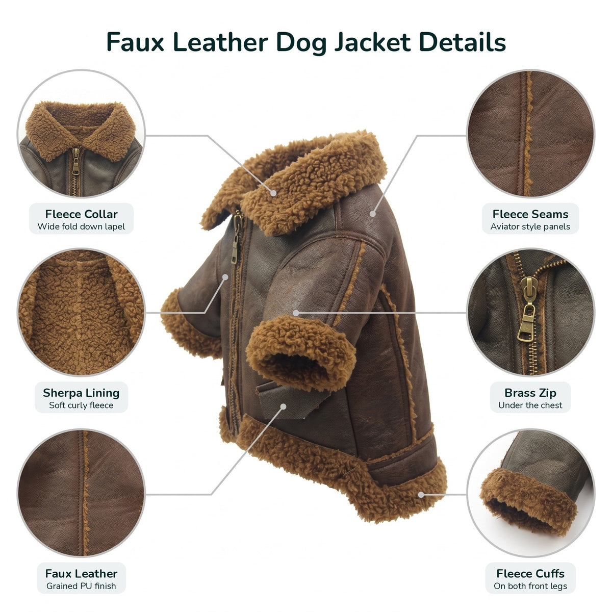 Faux leather dog jacket details: fleece collar, sherpa lining, faux leather, fleece seams, brass zip, fleece cuffs