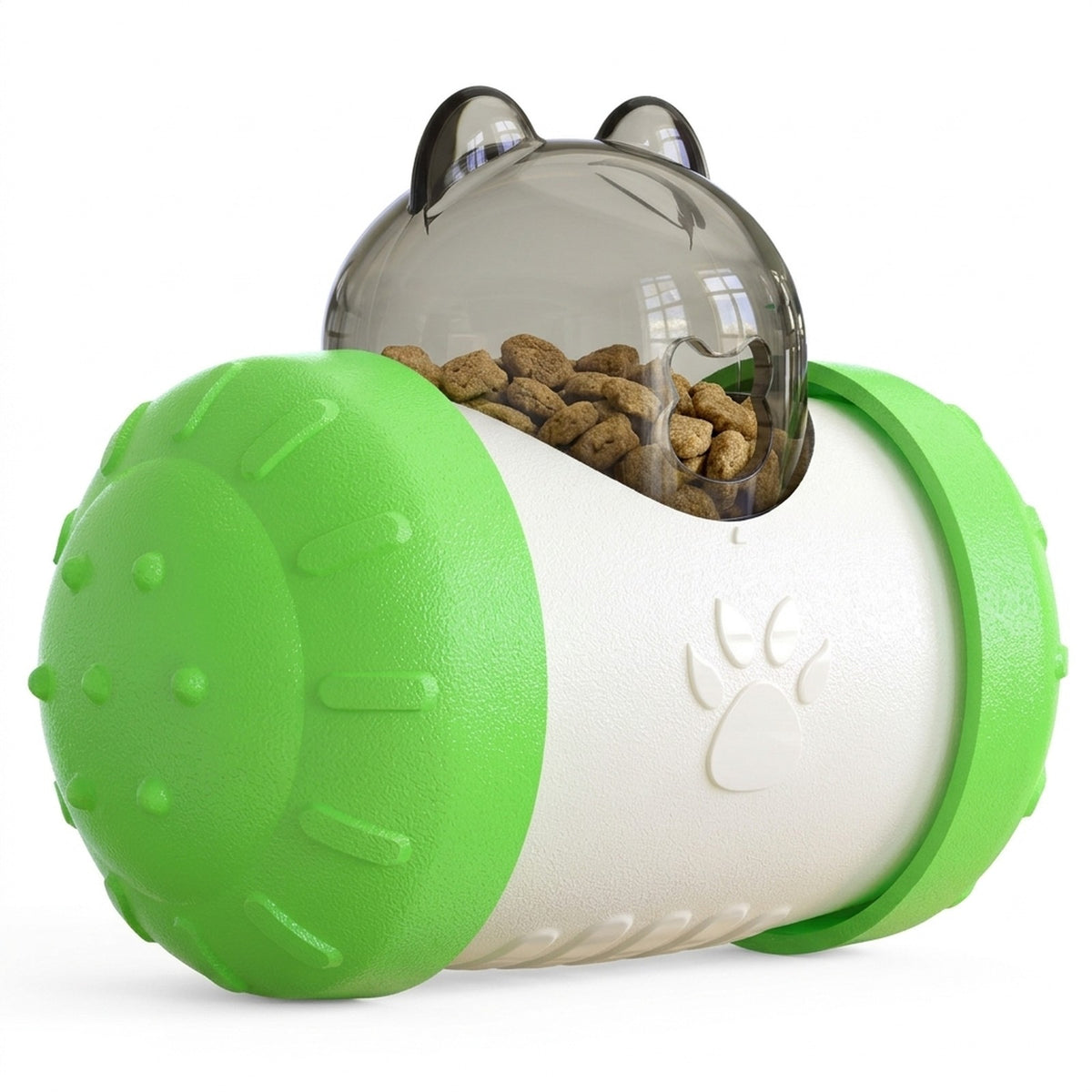 Close up of the treat dispensing wobbler showing the clear dome, food opening and textured green end cap