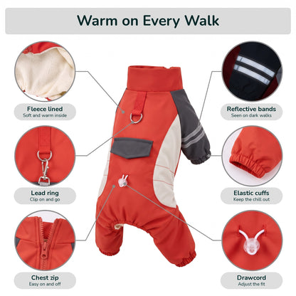 Fleece lined dog jumpsuit details: fleece lining, lead ring, chest zip, reflective bands, elastic cuffs, drawcord