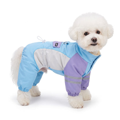 Fleece lined dog jumpsuit in Sky Blue on a Bichon Frise