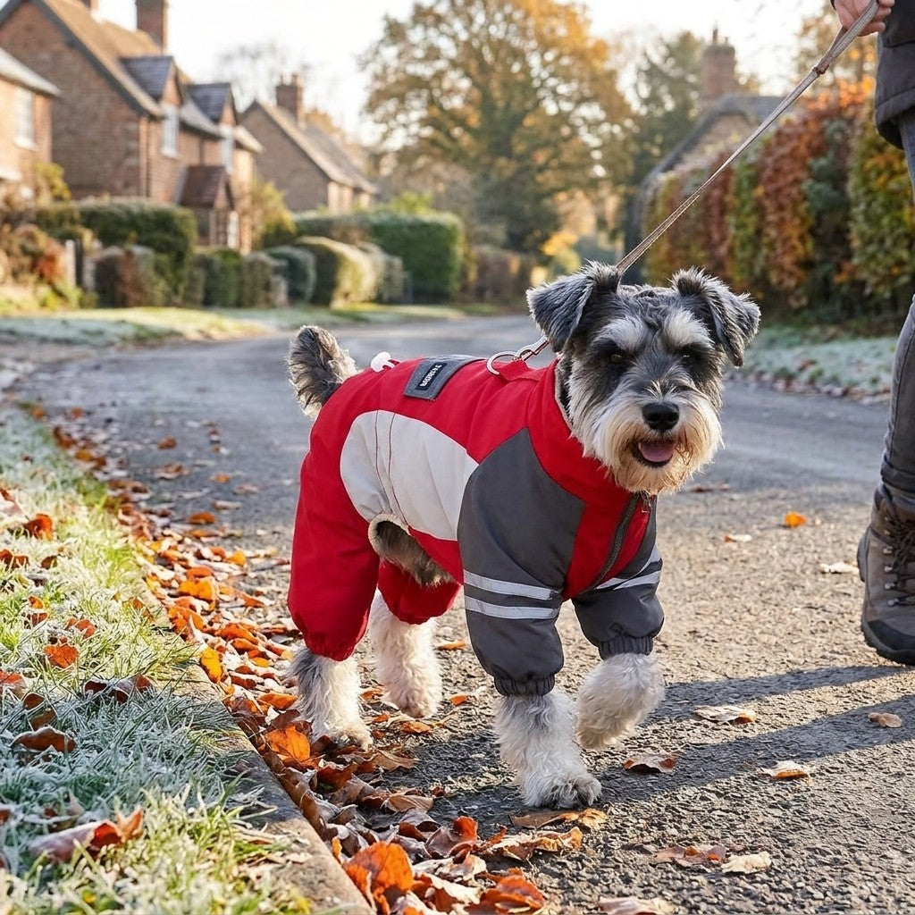 Miniature Schnauzer in a Red fleece lined dog jumpsuit on a frosty village walk