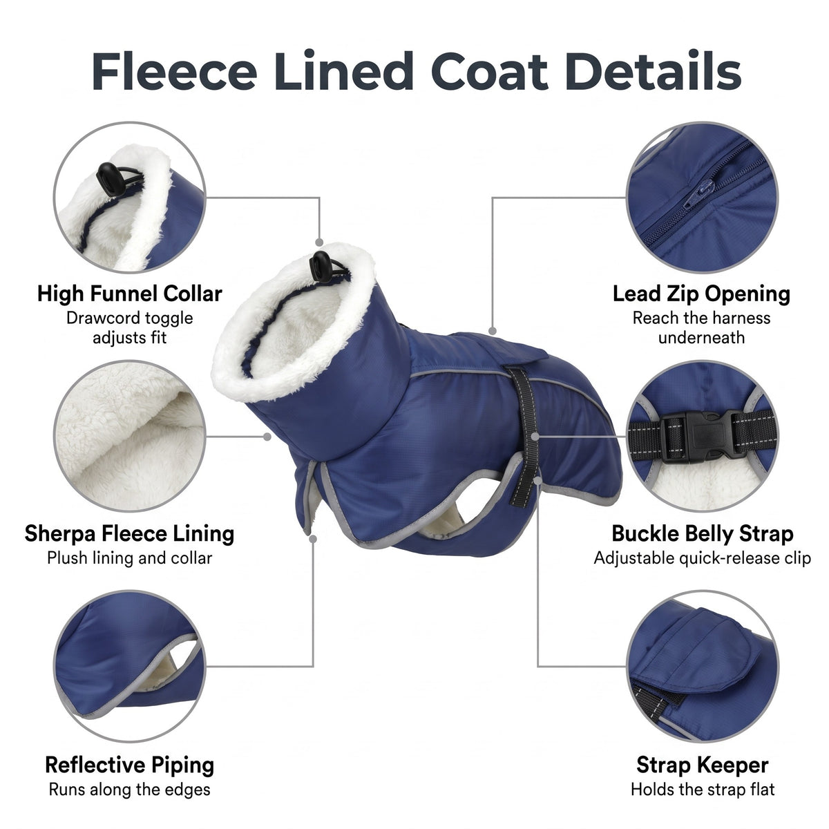 Fleece lined dog coat details: sherpa lining, high funnel collar, lead zip opening, buckle belly strap, reflective piping and strap keeper