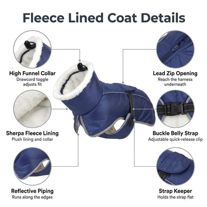 Fleece lined dog coat details: sherpa lining, high funnel collar, lead zip opening, buckle belly strap, reflective piping and strap keeper