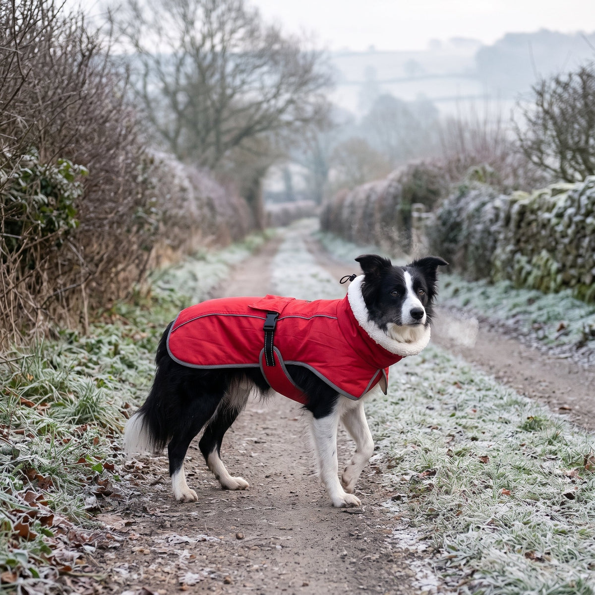 Fleece Lined Dog Winter Coat with Adjustable Belly Strap in use outdoors