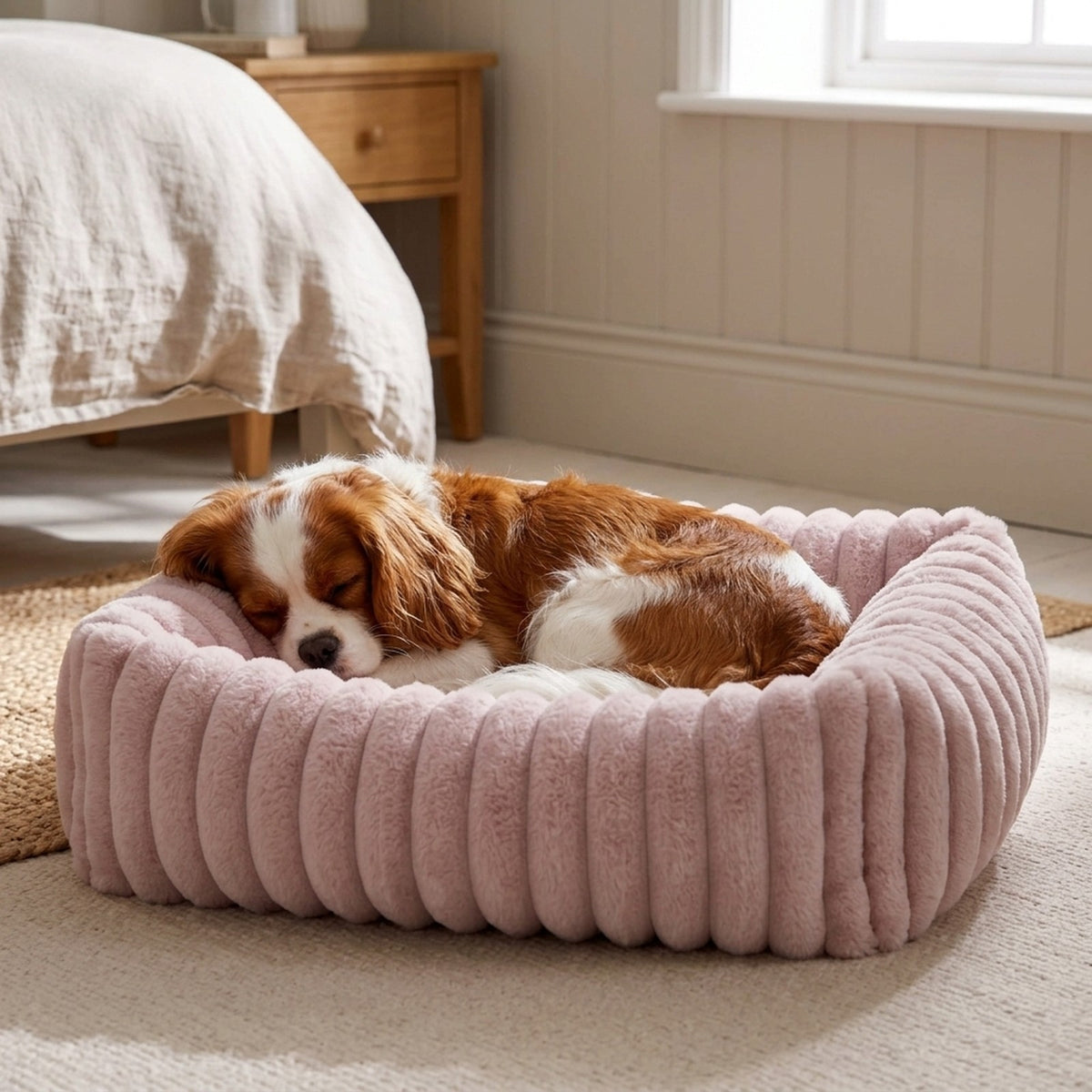 Cavalier King Charles Spaniel asleep in the blush pink fluffy dog bed