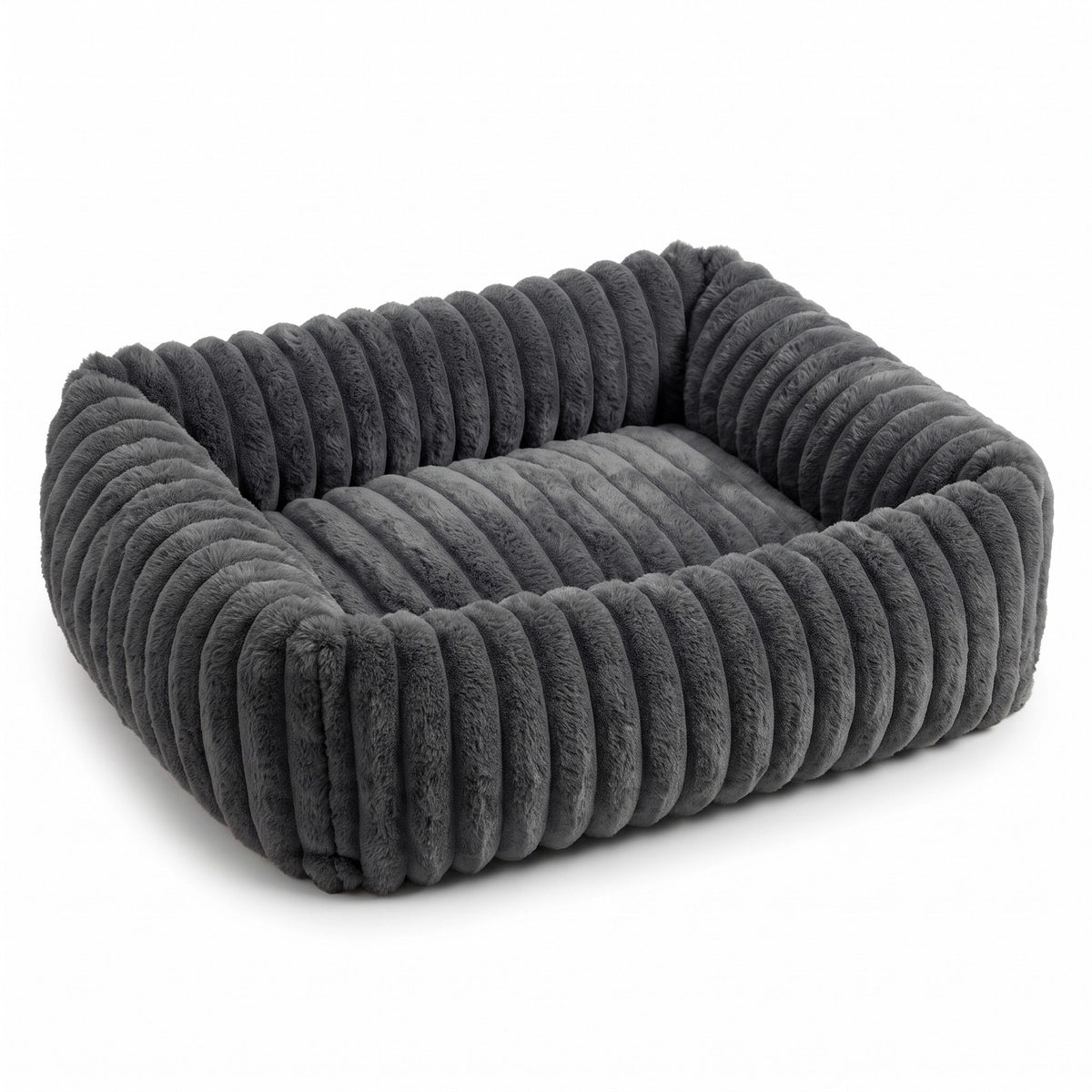 Charcoal fluffy dog bed on a white background