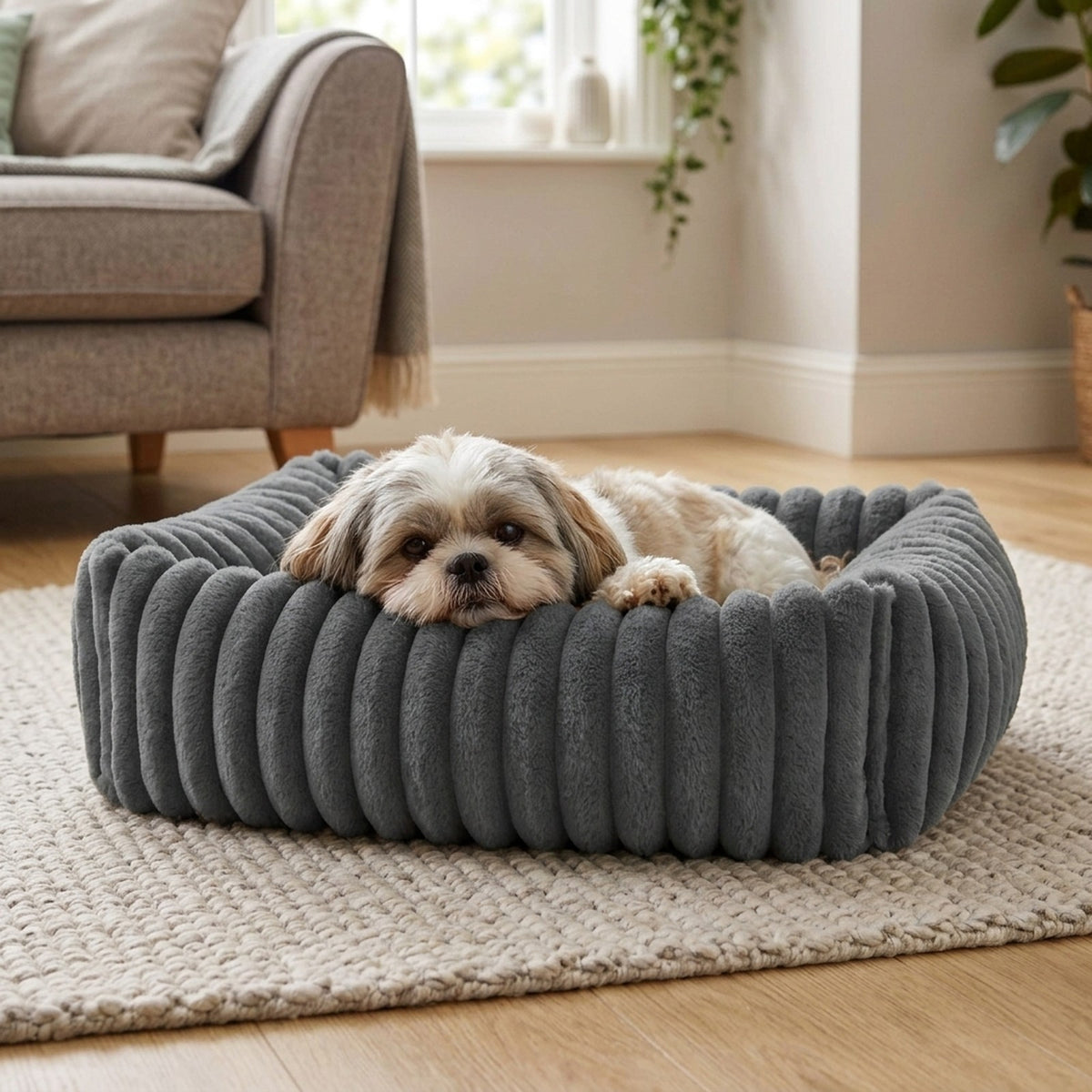 Shih Tzu snuggled in the charcoal fluffy dog bed