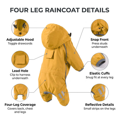 Four leg dog raincoat details: full leg coverage, adjustable hood, snap front, reflective details, lead hole and elastic cuffs
