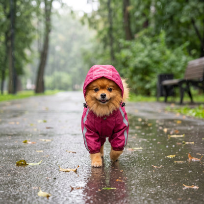 Four Leg Dog Raincoat with Hood in use outdoors