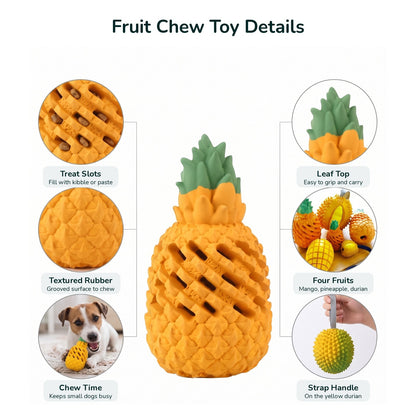 Fruit chew toy details: treat slots, textured rubber, chew time, leaf top, four fruits, strap handle
