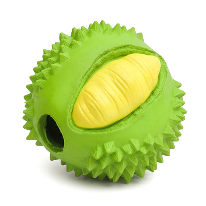 Green durian shaped rubber dog chew toy with spiky texture