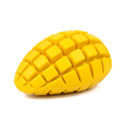 Mango shaped rubber dog chew toy in yellow with a cubed textured top