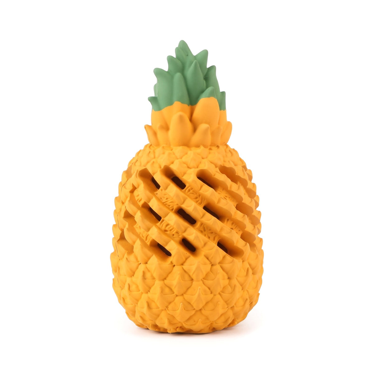 Pineapple shaped rubber dog chew toy in orange with a green leaf crown