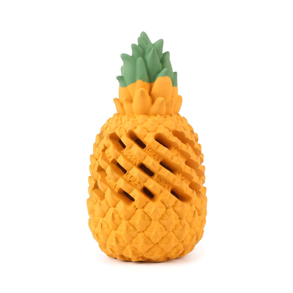 Pineapple shaped rubber dog chew toy in orange with a green leaf crown