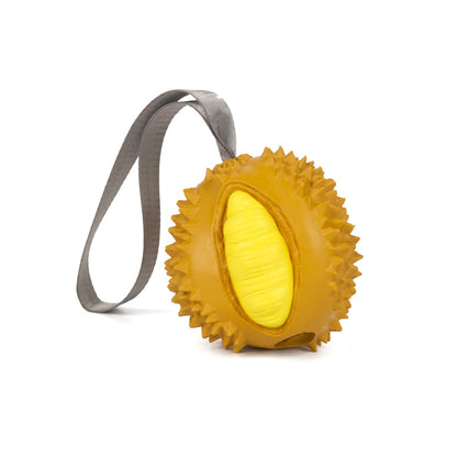 Yellow durian shaped rubber dog chew toy with a grey nylon strap handle