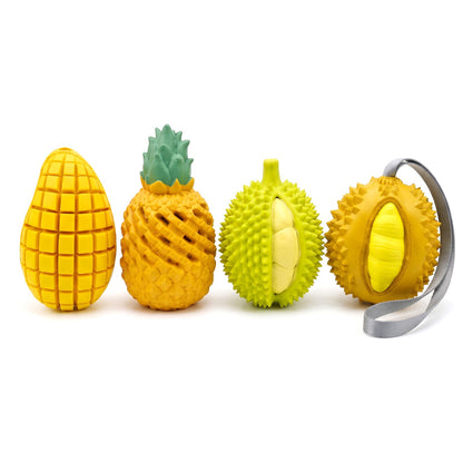 Four fruit dog chew toys together: pineapple, mango, green durian and yellow durian