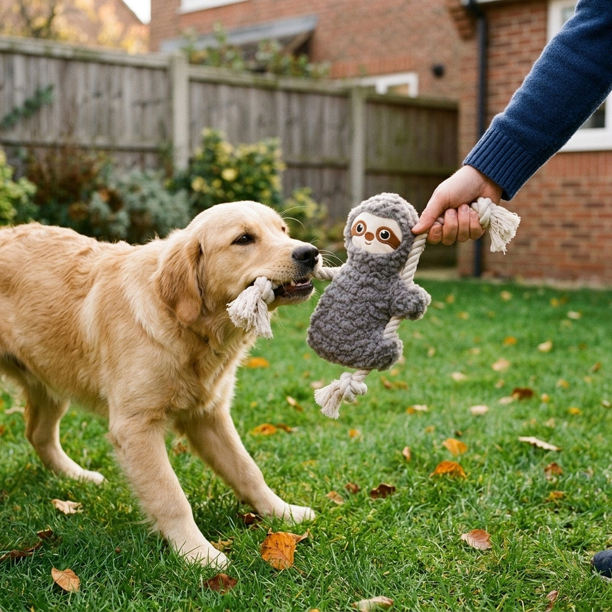 Golden retriever holding the grey sloth rope squeaky dog toy