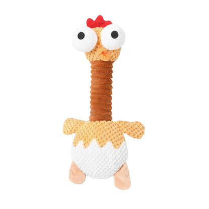 Googly-eyed squeaky chicken plush dog toy, brown