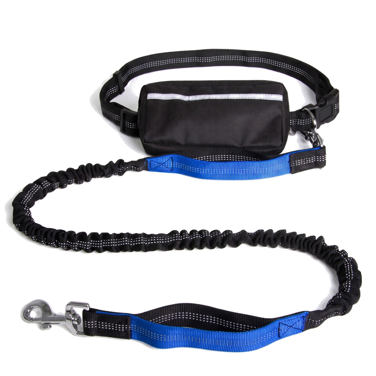 Hands free dog lead with black waist bag and blue bungee lead