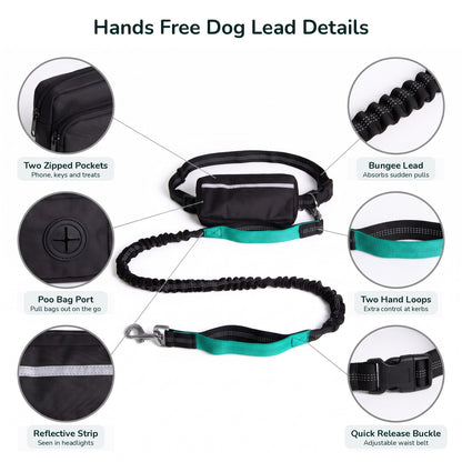 Hands free dog lead details: zipped pockets, poo bag port, reflective strip, bungee lead, two hand loops, quick release buckle