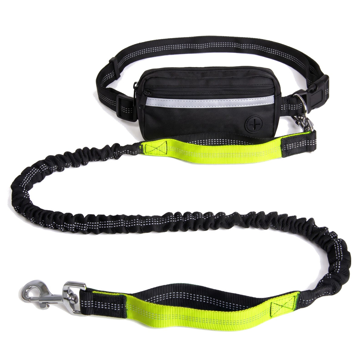 Hands free dog lead with black waist bag and neon yellow bungee lead